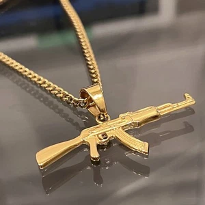 14K Gold Plated Stainless Steel Cuban Chain AK-47 Gun Rifle Pendant Necklace 24" - Picture 1 of 13