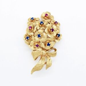 14k Yellow Gold Estate Sapphire & Ruby Flower Pin/Pendant