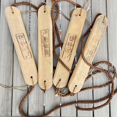 Flotadores de pesca de madera japoneses cuerda hecha a mano marcas kanji LOTE 4 - más de 27’ antiguos Foto 1 de 4