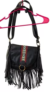 Bolso Bandolera Arizona Jean Co Negro Imitación Cuero Flecos Boho Bordado Talla M - Imagen 1 de 11