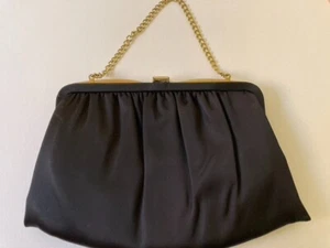 Bolso sin asas vintage negro satinado recogido bolso de noche con cadena - Imagen 1 de 5