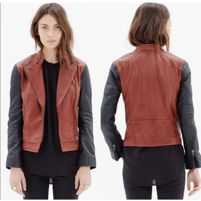 Madewell Colorblock Quilted Backroad Moto Leather Jacket Black Burnt Orange XS - Image 1 of 4