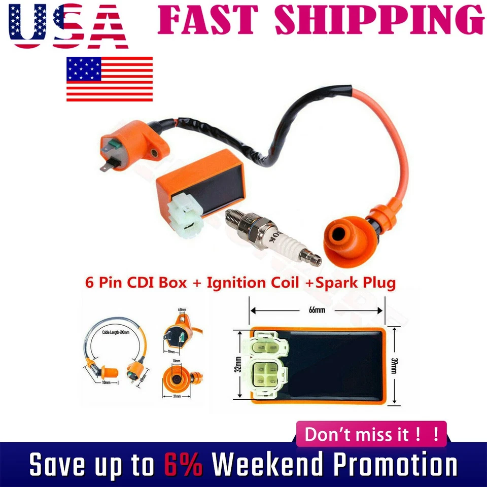 Racing CDI Box 6 Pin+Ignition Coil & Spark Plug for GY6 50-150cc Moped Scooter - Image 1 of 4