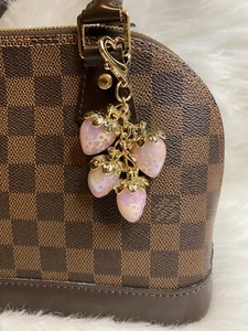 Pink Strawberry Bag Charm Keychain Jelly Cluster Fruit Heart Clasp Handmade Gift - Picture 1 of 2
