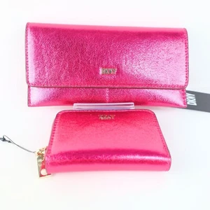 2 PC set -DKNY Lumen metallic faux-leather logo wallet + card case Pink - Picture 1 of 18