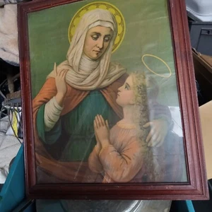 ANTIQUE 1930-40s ST. ANNE BLESSED VIRGIN MARY LITHO Religious Framed Art Deco VG - Picture 1 of 2