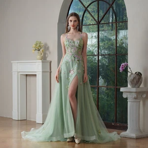 Green Spaghetti Strap Flowers Embroidery Side Slit Party Dresses Mesh Prom Dress - Picture 1 of 11