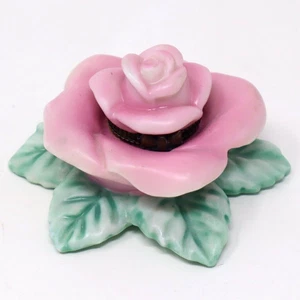 Rose Flower Trinket Box Porcelain Sculptured Bow Clasp On Hinged Lid Vintage - Picture 1 of 13