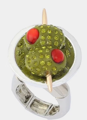 Betsey Johnson Martini Glass w/Green Olives Crystal Cocktail Ring Stretch NEW - Image 1 of 4