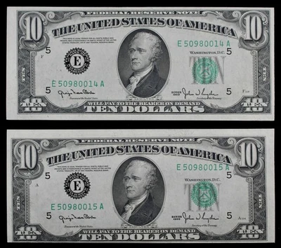 NARROW/WIDE CHANGEOVER PAIR $10 1950 Gem CU FRN's E50980014A-15A Richmond - Image 1 of 3