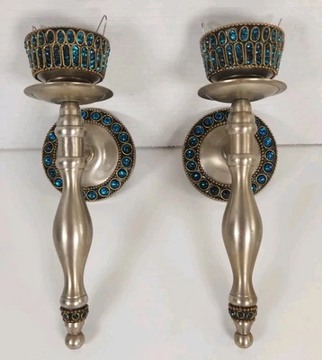 Apliques de pared estilo antorcha de metal cepillado con joyas de peltre Pier 1 portavelas 9"  Foto 1 de 4