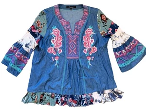 Blusa Calessa Bordada Boho Campesina Top L Azul Manga Floral y Denim Claro - Imagen 1 de 9