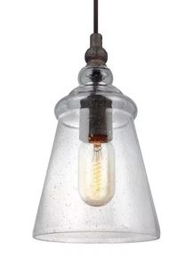 Feiss P1449DWI Loras 5.75" Clear Seeded Mini Pendant in Dark Weathered Iron - Picture 1 of 2