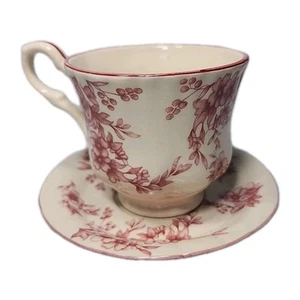 Juego de 2 tazas y platillos rojos Transferware inodoro floral de barril de galletas - Imagen 1 de 5