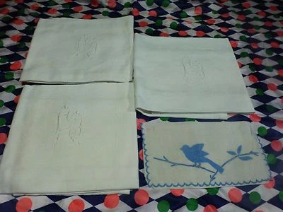 ANCIEN damassé,serviettes lin mono CJ+PORTE-SERVIETTES HIRONDELLES  FAITS MAIN  - Photo 1/4