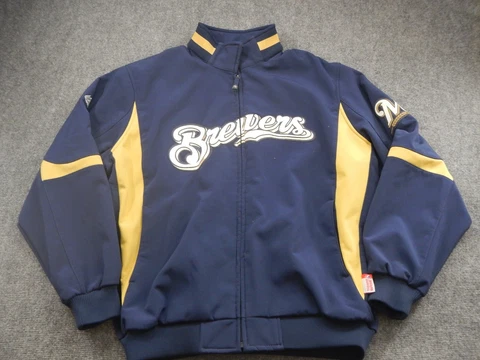 Milwaukee Brewers Jacket Mens XL Blue Gold Majestic Thermabase Full Zip MLB Logo Cover