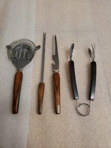 vintage barware tool set 4 Pcs Handle Bakelite Brown Wood Look - Picture 1 of 4