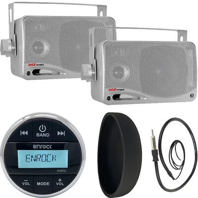 Silver 3.5" Box Marine Speakers, Enrock Receiver, 22" Antenna + Protective Cover - Image 1 of 4