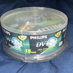 15 count PHILIPS DVD+R DVDR 1-4x 15 Discs Blank Media 4.7GB 120Min sealed - Picture 1 of 3