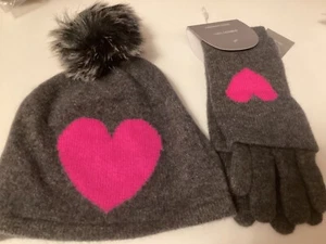 New Hannah Rose 100% Cashmere beanie & 3-in-1 gloves gray with pink 🩷 - Picture 1 of 2