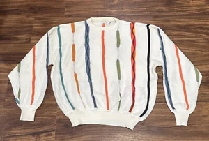 Vintage St Croix Sweater Mens Large White Blue Textured Striped Geometric 90s - Picture 1 of 8