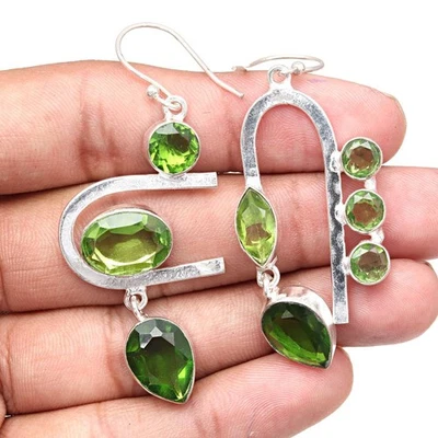 Peridot Quartz Gemstone Handmade Gift For Her Silver Jewelry Earrings 1.5'' - Image 1 of 4