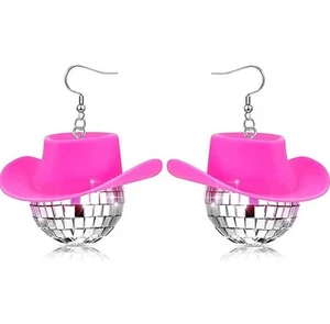 Cowboy Hat Earrings Mirror Disco Earrings,Disco Pink Hat Ear Ornaments - Picture 1 of 3