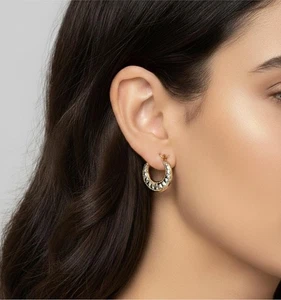 14K Two Tone Hoop Earrings Diamond Cut Solid Gold Yellow White 15mm - Picture 1 of 10