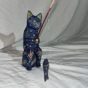 Pier One Carved Wooden Cat Figurine Gone Fishing  - Picture 1 of 6