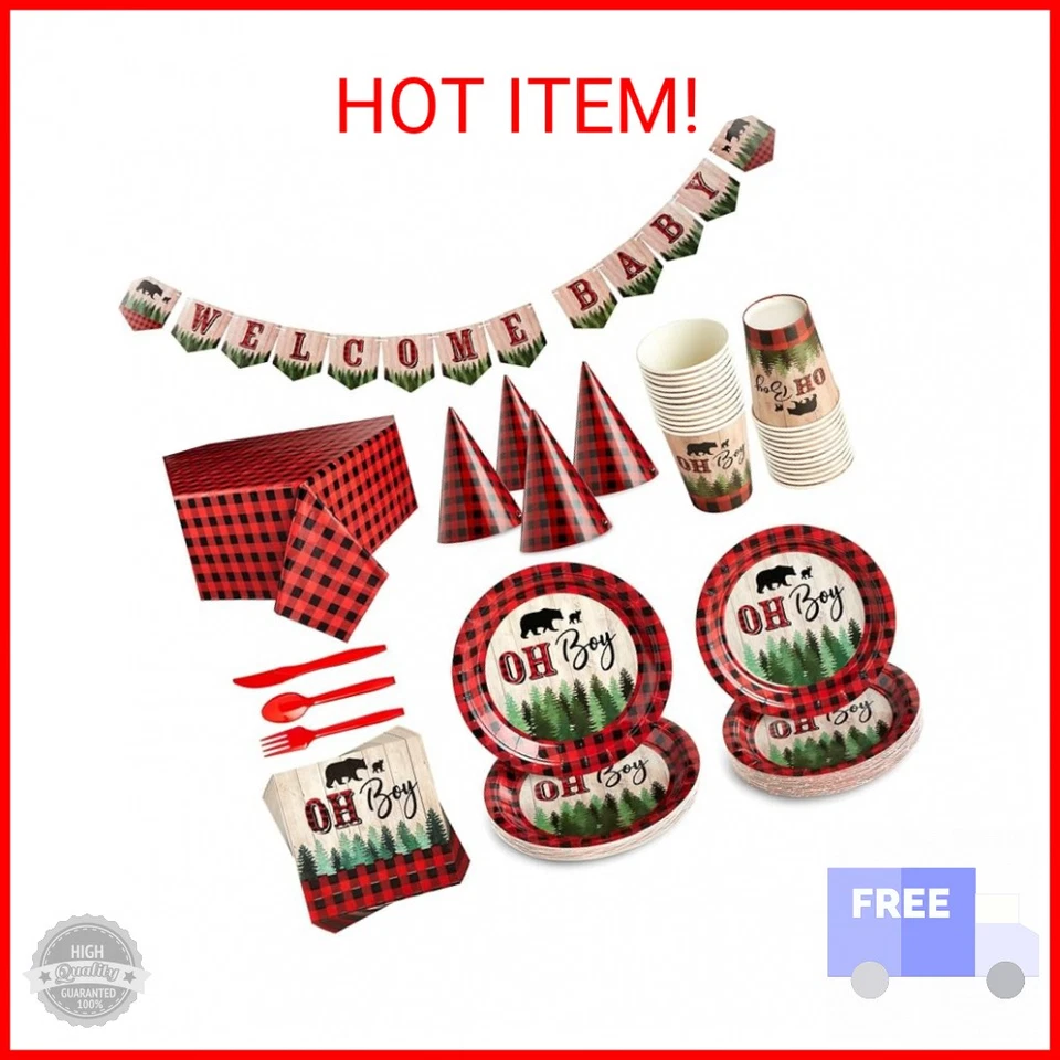 Decoraciones de baby shower 94 piezas - Suministros de fiesta a cuadros de búfalo rojo y negro y ta Foto 1 de 2