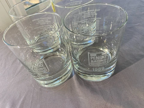 4 Vintage 1989 Penske Racing Indy Bourbon Rocks Bar Glasses EUC 4 1/8" Cover