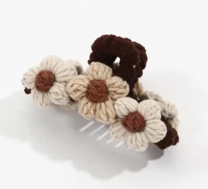 Brown Ivory Floral Knit Hair Accessory Ponytail Bun Up Do Hair Claw Jaw Strong - Picture 1 of 4