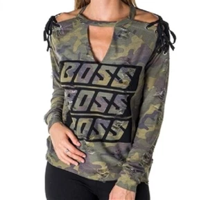 Women's Camouflage Distressed Choker Lace Up Cold Shoulder Tunic Top S, M, L, XL - Picture 1 of 3