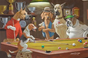 Arthur Sarnoff - Making a Move, Dogs Playing Pool 1950s Signed - 17" x 22" Print - Picture 1 of 1