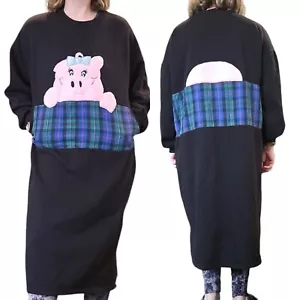 80s Womens Long Sweatshirt Dress Nightgown Pig Large Double Sided Funny Kidcore - Picture 1 of 10