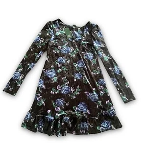 Wild Fable Black Floral Long-sleeve V-neck Velour Mini Dress Women’s Size Small - Picture 1 of 7