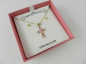 Sterling Silver Pink Cross Necklace with Gold Ball Earrings - New - Picture 1 of 1