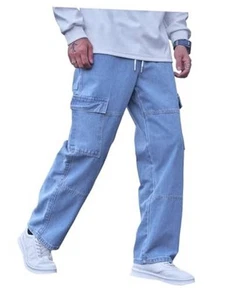 Men's Drawstring Waist Flap Pockets Cargo Jeans Denim Pants with Medium Blue - Picture 1 of 7