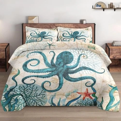 Juego de edredón tamaño con funda de almohada, pulpo coral marino 2 piezas doble multi 15 Foto 1 de 4