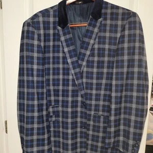 Stacy Adams Blue Gray Plaid Polyester Dinner Jacket Blazer Mens 52L Velvet - Picture 1 of 10
