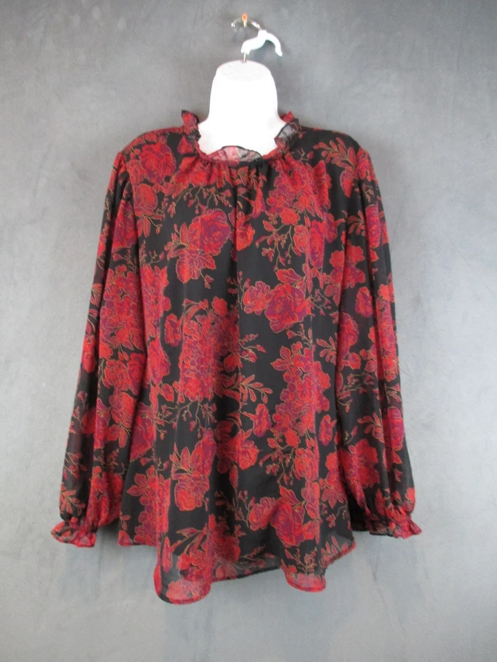 Blusa Anne Klein Mujer 3X Negra Roja Floral Volantes Cuello Manga Larga Top Transparente Foto 1 de 4