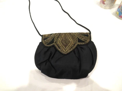Black satin beaded evening bag, gold and bronze beadwork - Image 1 of 4