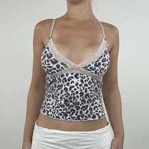 Vintage leopard print lace trim cami top with pink bow - Picture 1 of 5