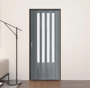 Grey PVC with Acrylic Glass Multifold Accordion Folding Door with Mount Hardware - Picture 1 of 18