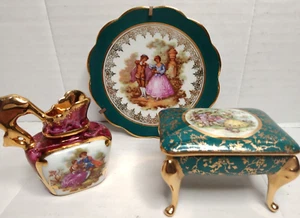 3 Monarch Porcelaine d'Art Limoges France Miniatures Jug/ Plate/ Footstool - Picture 1 of 11