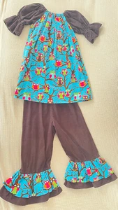 Rare Suit Top & Pant Corduroy Owls Girl Size 6 Brown Emmi Lee designer Handmade - Picture 1 of 12