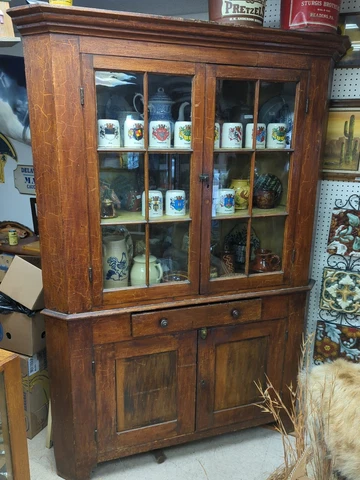Incredible Gorgeous Antique Primitive Corner Cupboard Cabinet Original Glass Cover