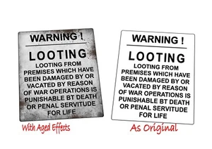 WW2 metal signs Looting Warning Metal Sign Vintage WW2 Air Raid Damage Looting - Picture 1 of 6
