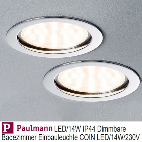 2x 14W einbaustrahler LED PREMIUM COIN KLAR CHROM DIMMBAR EINBAUTIEFE 92785 Ip44