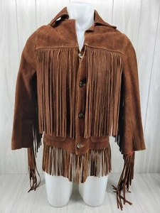 Vintage 70er Jahre Herren braun Wildleder Distressed Kragen Fransen Westernjacke Größe M/L - Bild 1 von 15